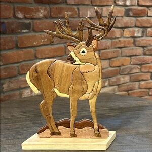 NWT Wooden Deer Handcrafted 12” Sculpture in Stand